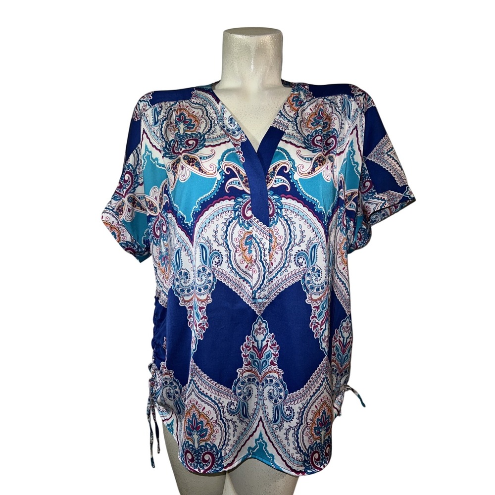 Chicos Womens Blue Paisley Split Neck Side Tie Ruched Blouse Top Size 2 L Large
